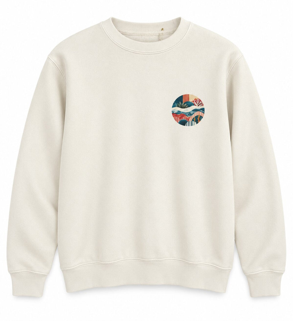 Sudadera ARRECIFE Vintage, vista frontal con emblema circular pequeño en el pecho.