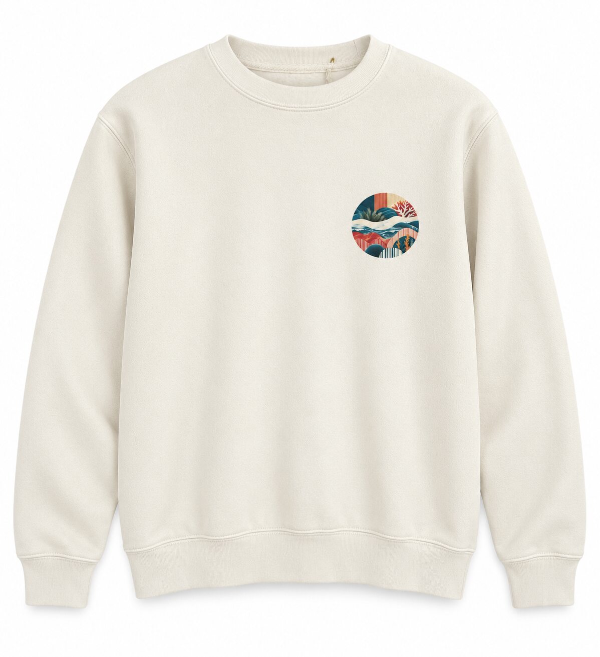 Sudadera ARRECIFE Vintage, vista frontal con emblema circular pequeño en el pecho.