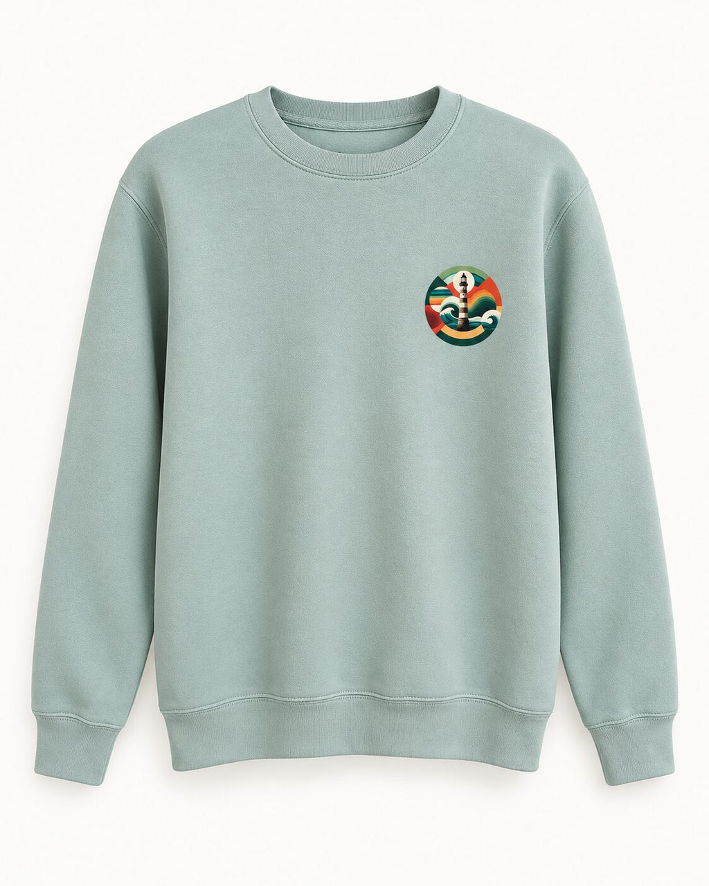Sudadera FARO Sage, vista frontal con emblema pequeño de faro en el pecho.