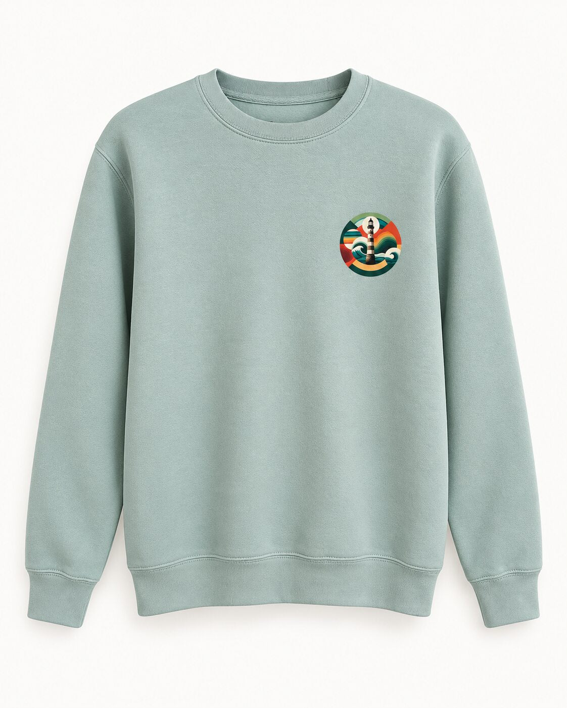 Sudadera FARO Sage, vista frontal con emblema pequeño de faro en el pecho.