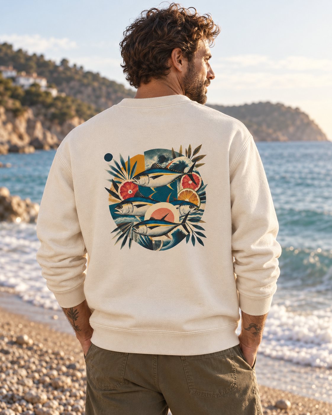 Sudadera TUNA FRUTTI Vintage de algodón orgánico, modelo de espaldas junto al Mediterráneo mostrando el estampado grande