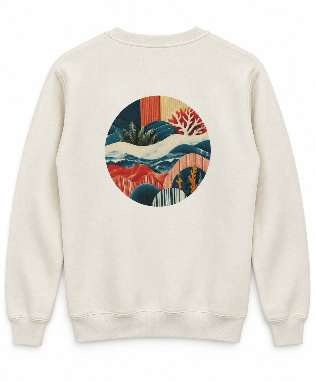 Sudadera ARRECIFE Vintage, vista trasera con diseño circular grande de arrecife y olas.