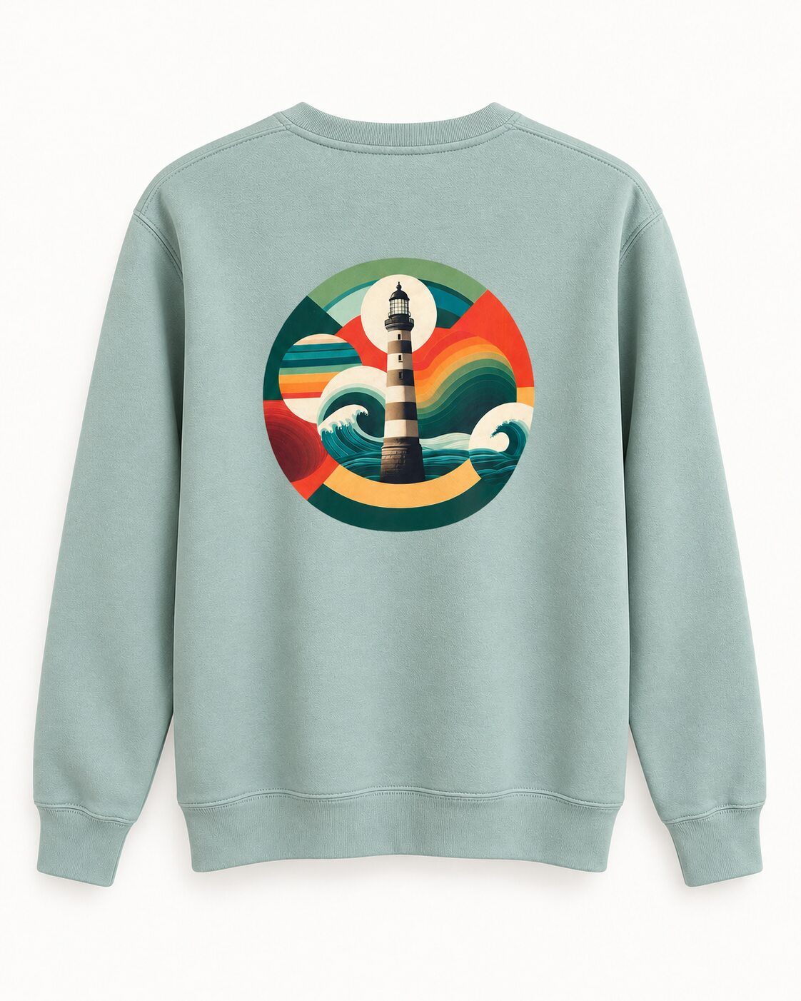Sudadera FARO Sage, vista trasera con diseño circular grande de faro y olas.