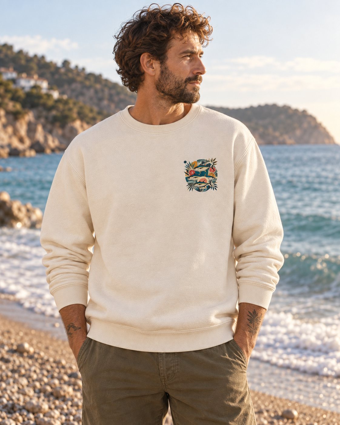 Sudadera TUNA FRUTTI Vintage de algodón orgánico, modelo de frente junto al Mediterráneo con estampado pequeño en el pecho