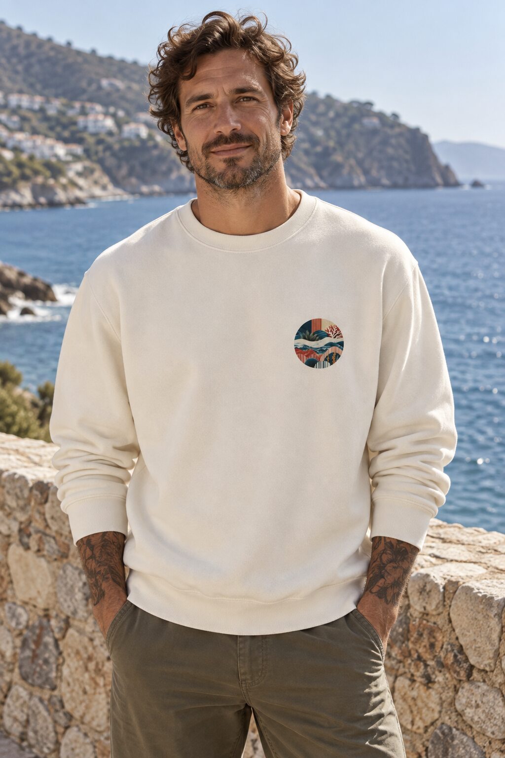 Modelo con sudadera ARRECIFE Vintage, vista frontal junto al mar Mediterráneo.