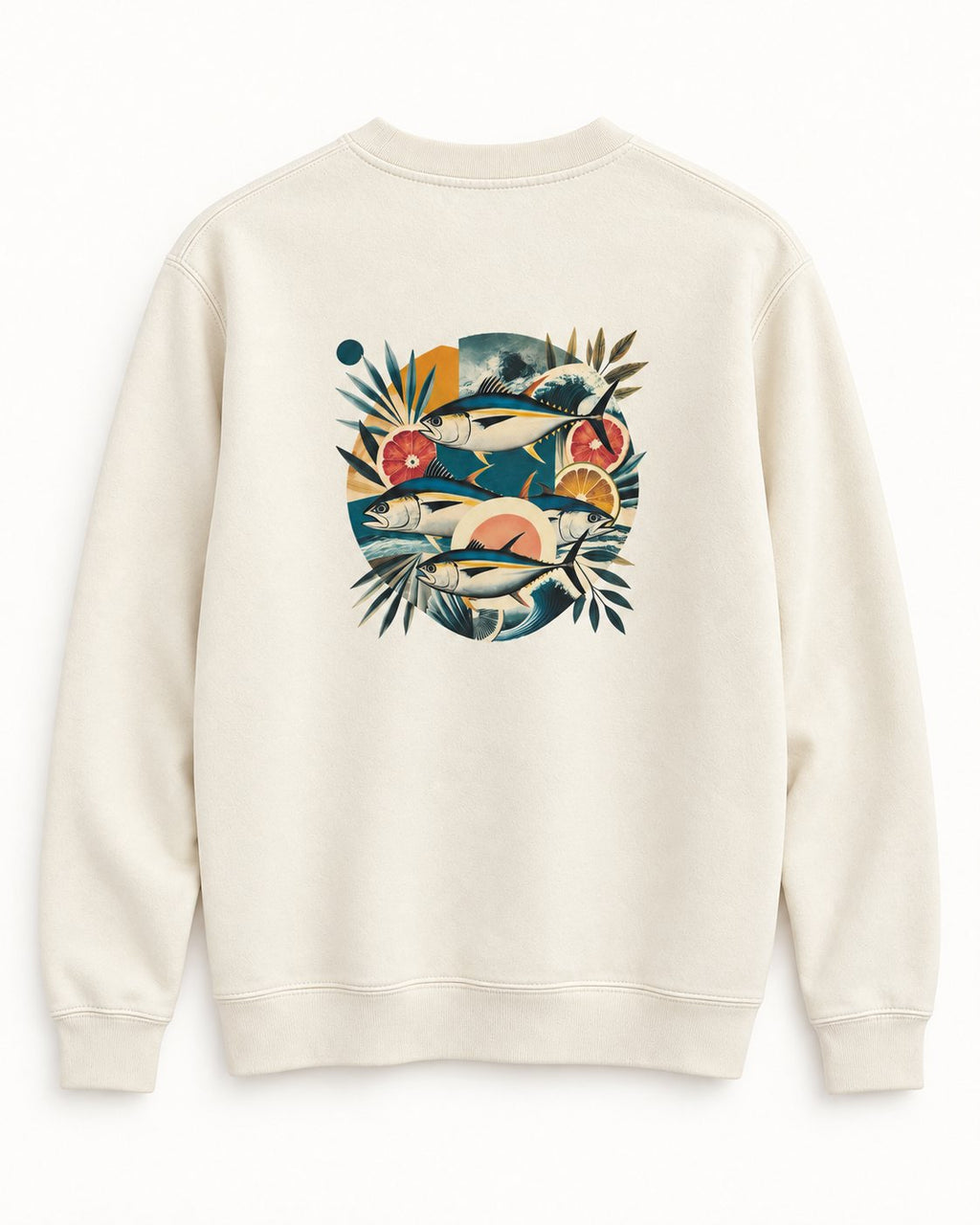 Sudadera TUNA FRUTTI Vintage de algodón orgánico, vista trasera con estampado grande de atunes