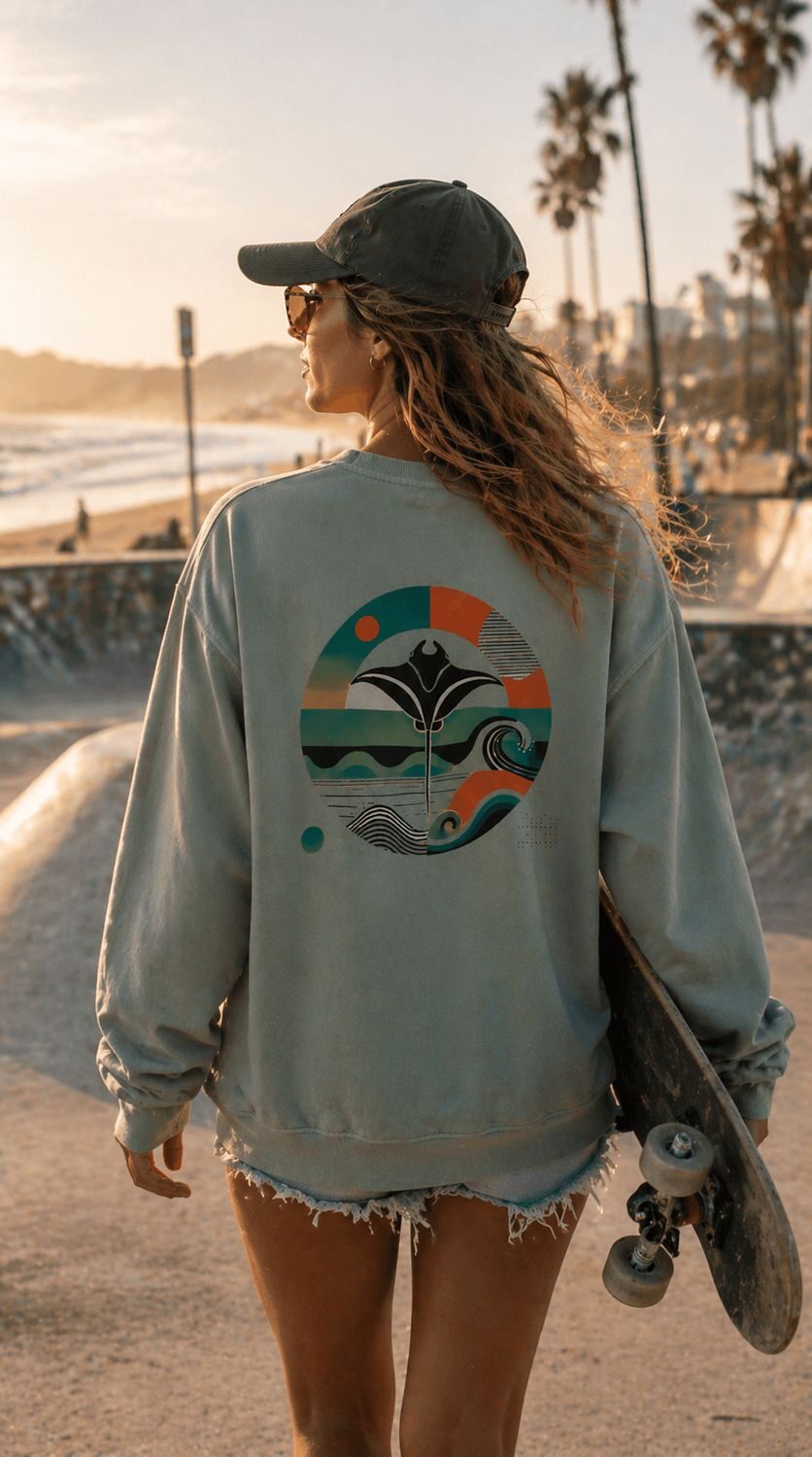Sudadera RAYA Sage en lifestyle, vista trasera junto al mar