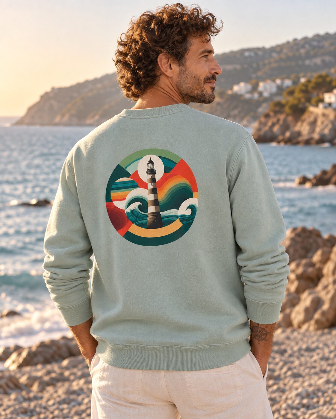 Modelo con sudadera FARO Sage, vista trasera con estampado grande de faro.