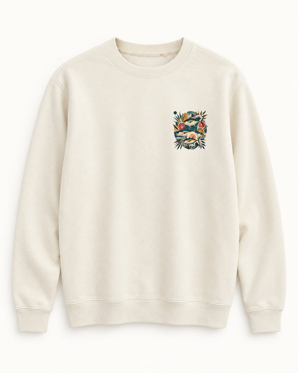 Sudadera TUNA FRUTTI Vintage de algodón orgánico, vista frontal con estampado pequeño en el pecho