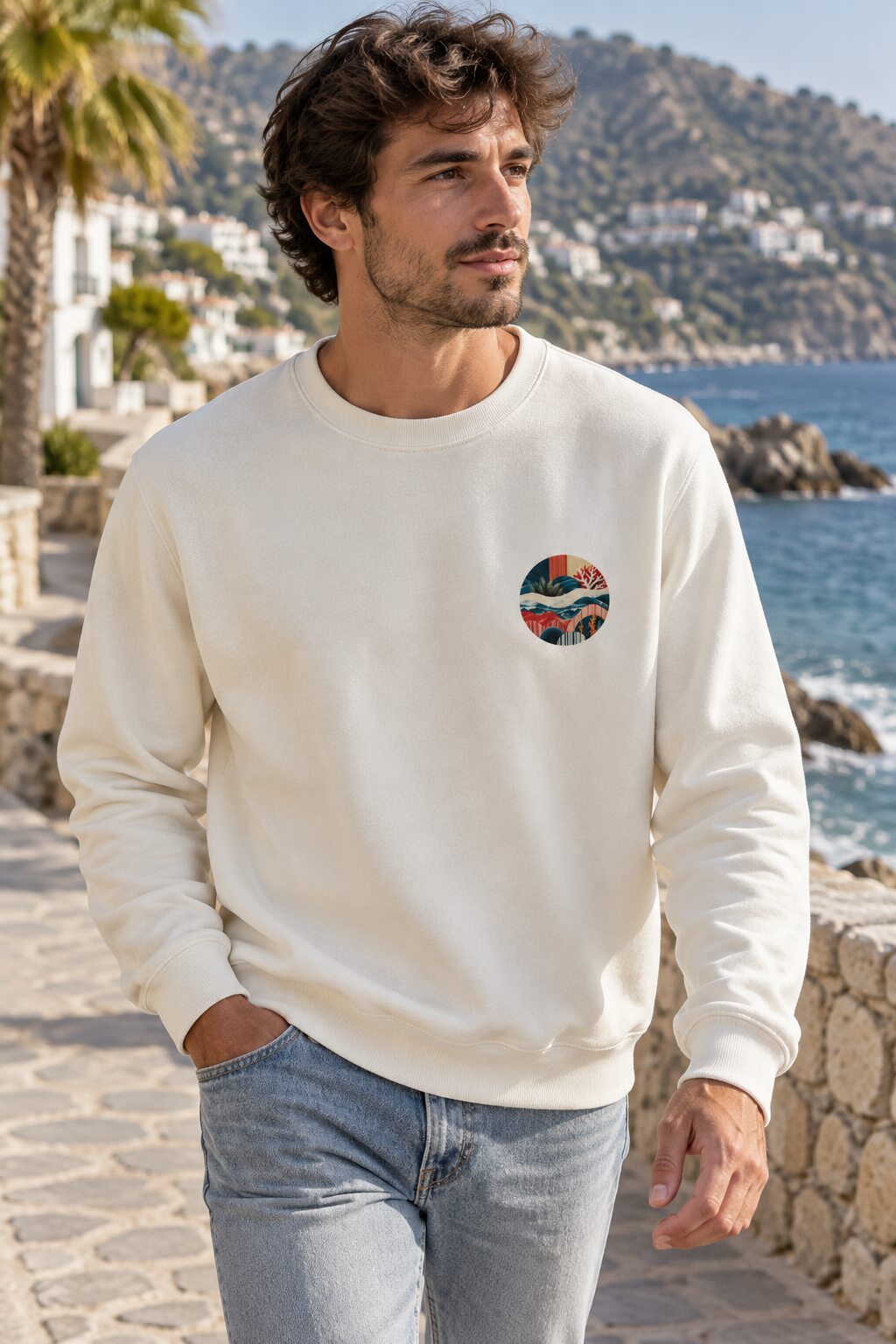 Lifestyle frontal de la sudadera ARRECIFE Vintage en el paseo marítimo de La Herradura.
