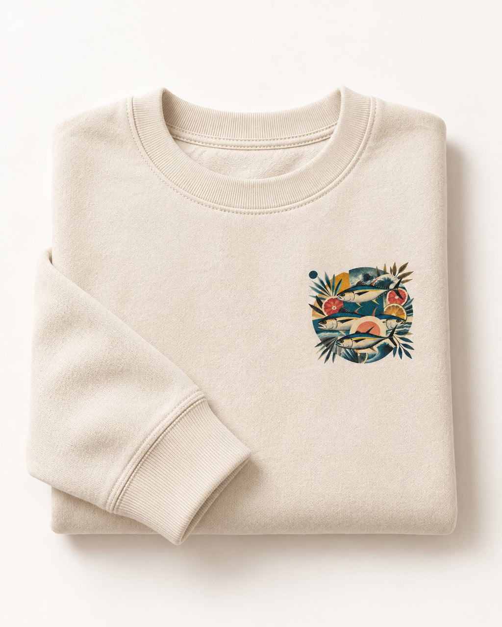 Sudadera TUNA FRUTTI Vintage de algodón orgánico doblada, vista del estampado frontal
