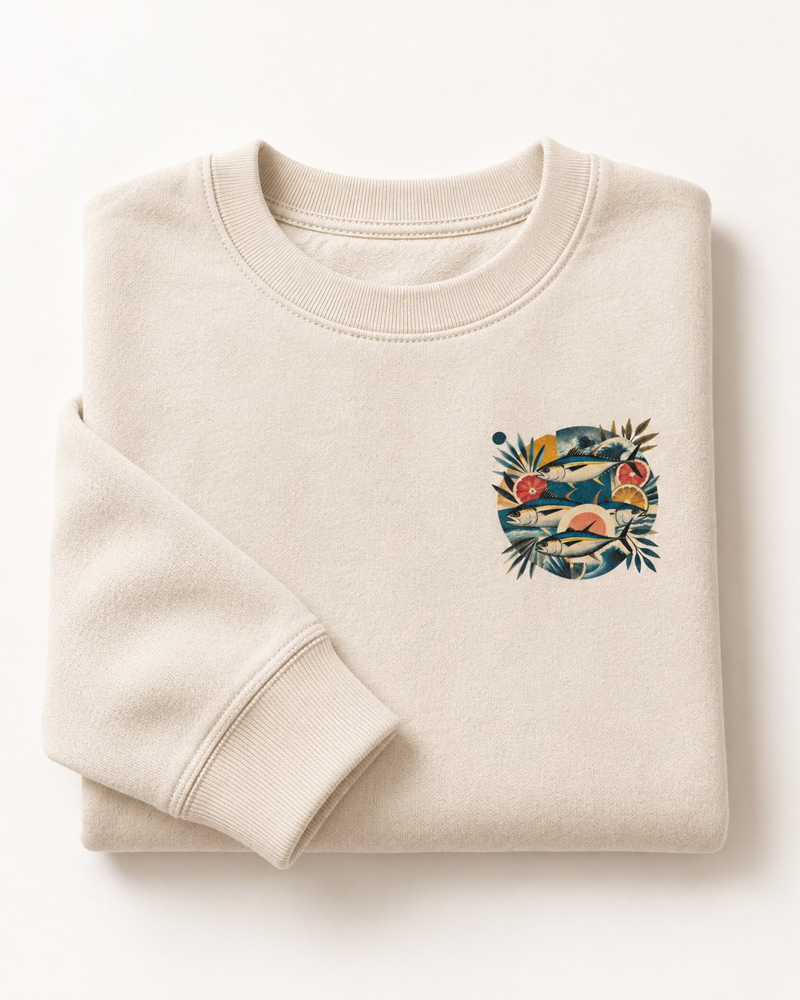 Sudadera TUNA FRUTTI Vintage de algodón orgánico doblada, vista del estampado frontal