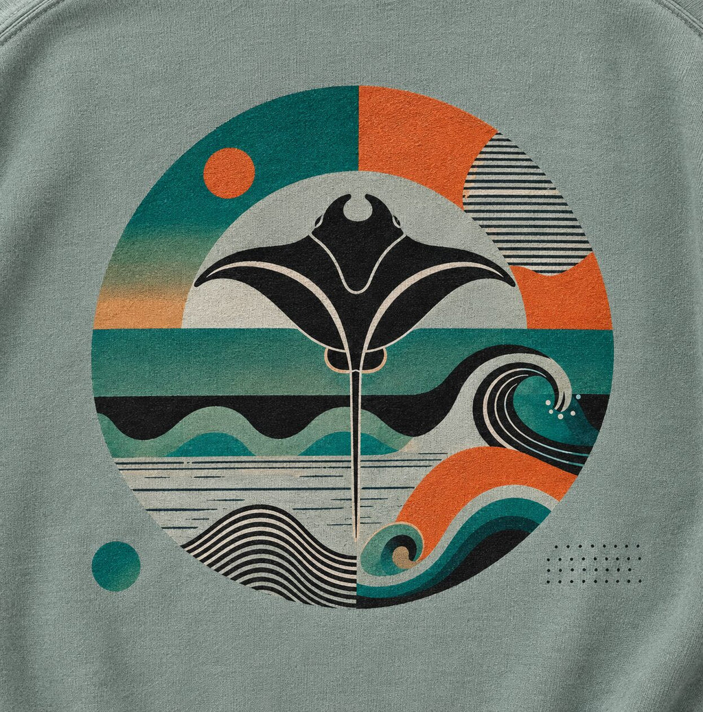 Detalle del estampado de manta raya en sudadera Sage