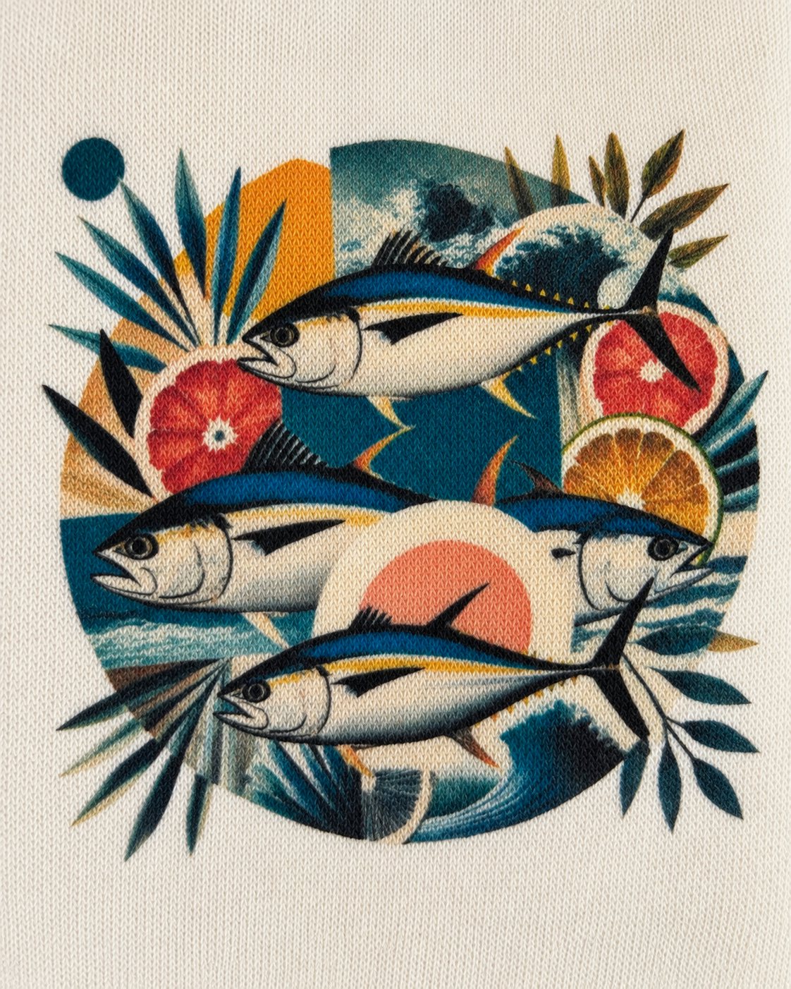 Detalle del estampado TUNA FRUTTI de atunes y elementos mediterráneos sobre sudadera Vintage
