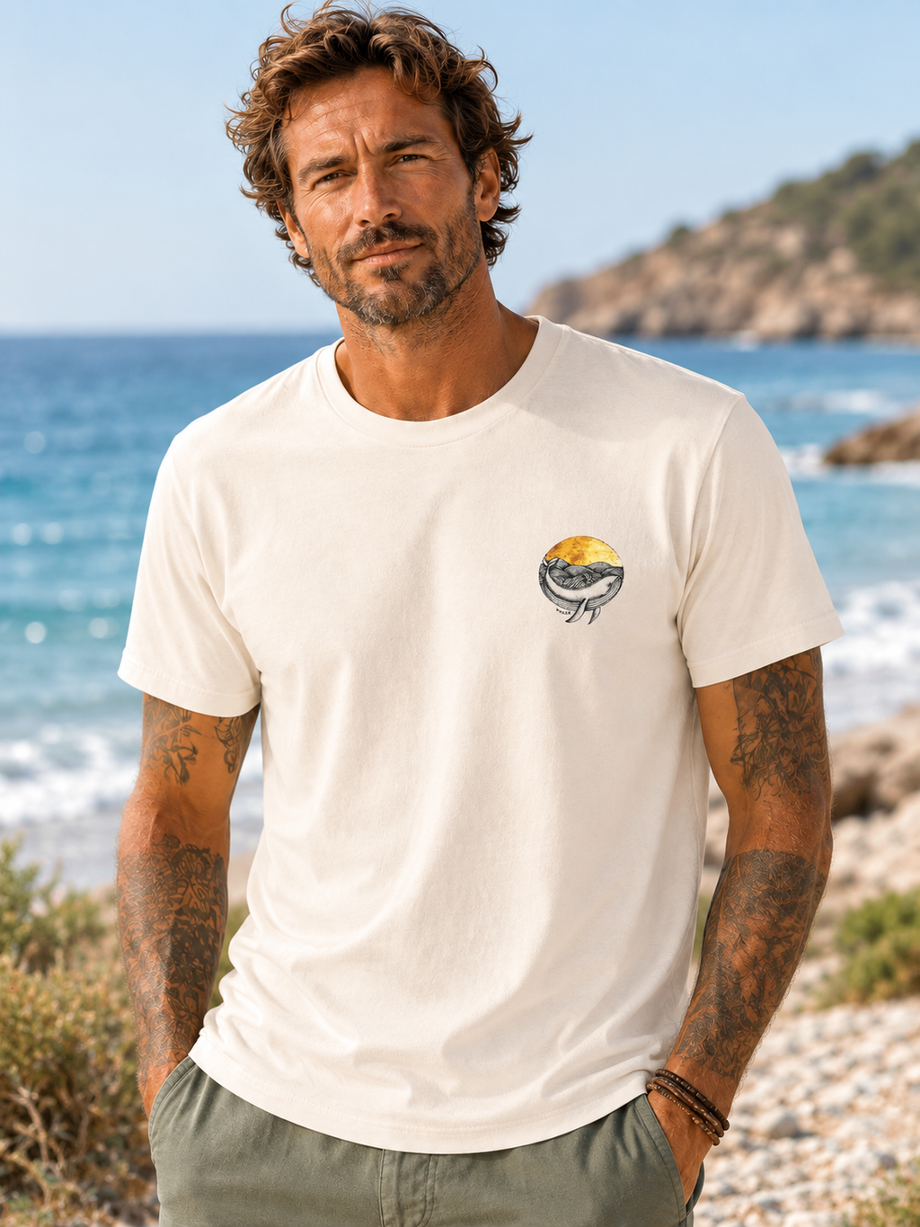 Modelo con camiseta BALLENA ART de algodón orgánico The Seagrass