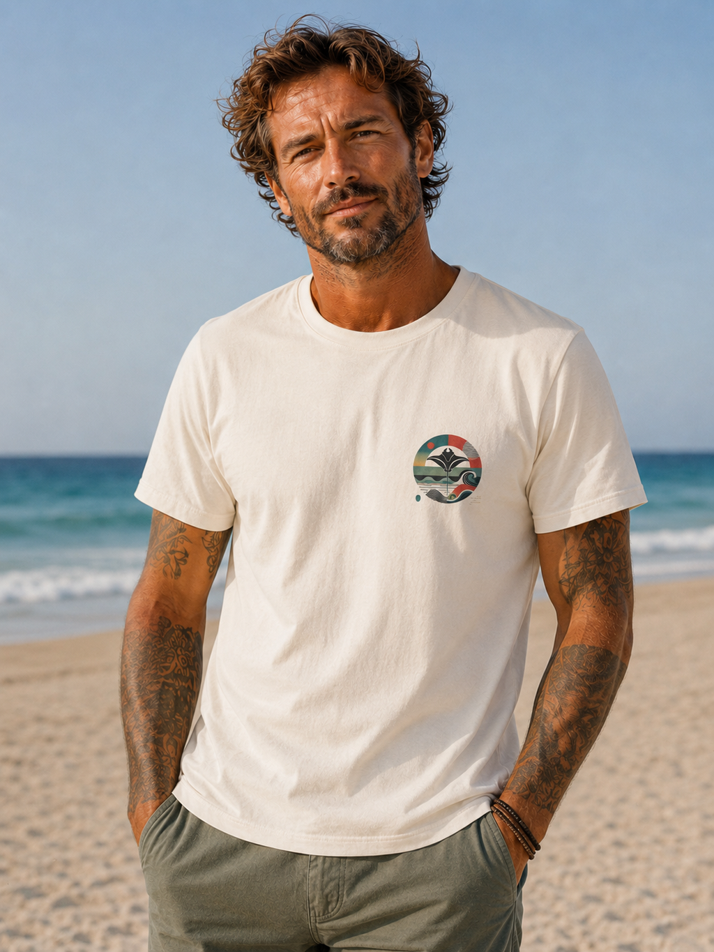 Modelo con camiseta RAYA de algodón orgánico The Seagrass