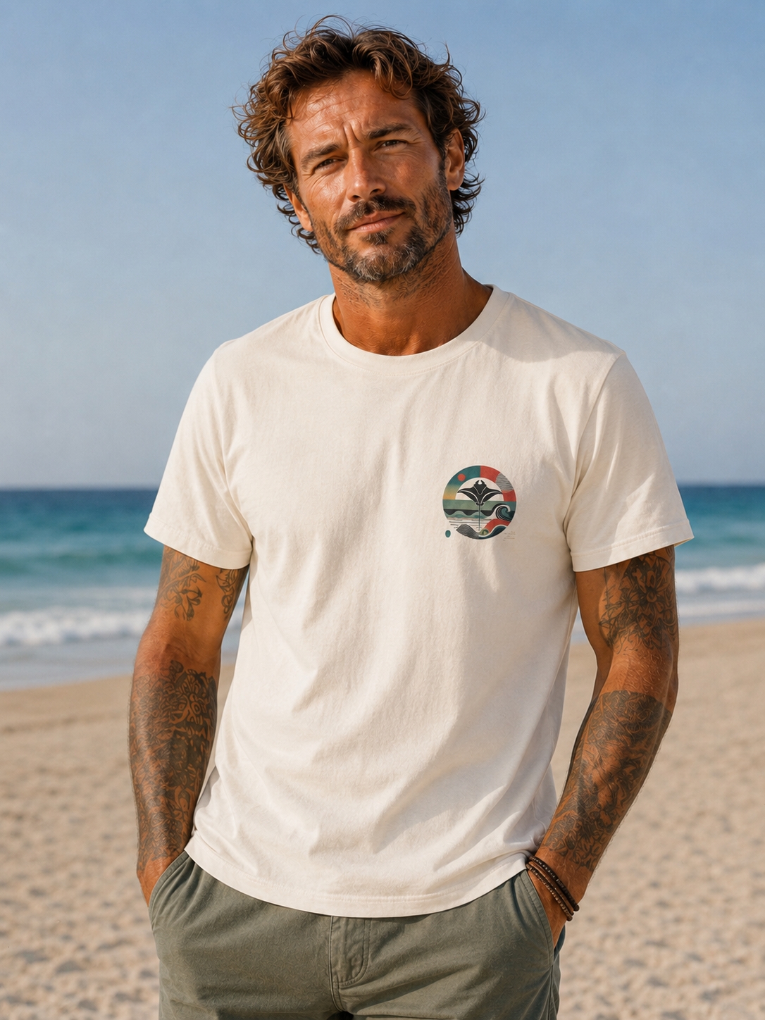 Modelo con camiseta RAYA de algodón orgánico The Seagrass