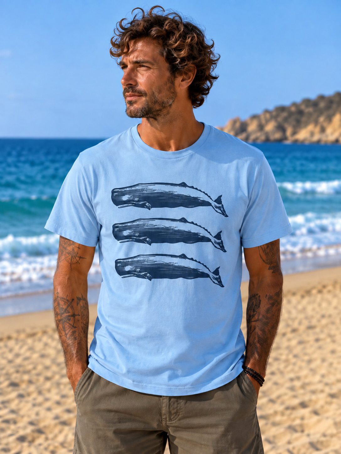 Camiseta 3 CACHALOTES Celeste – modelo de frente
