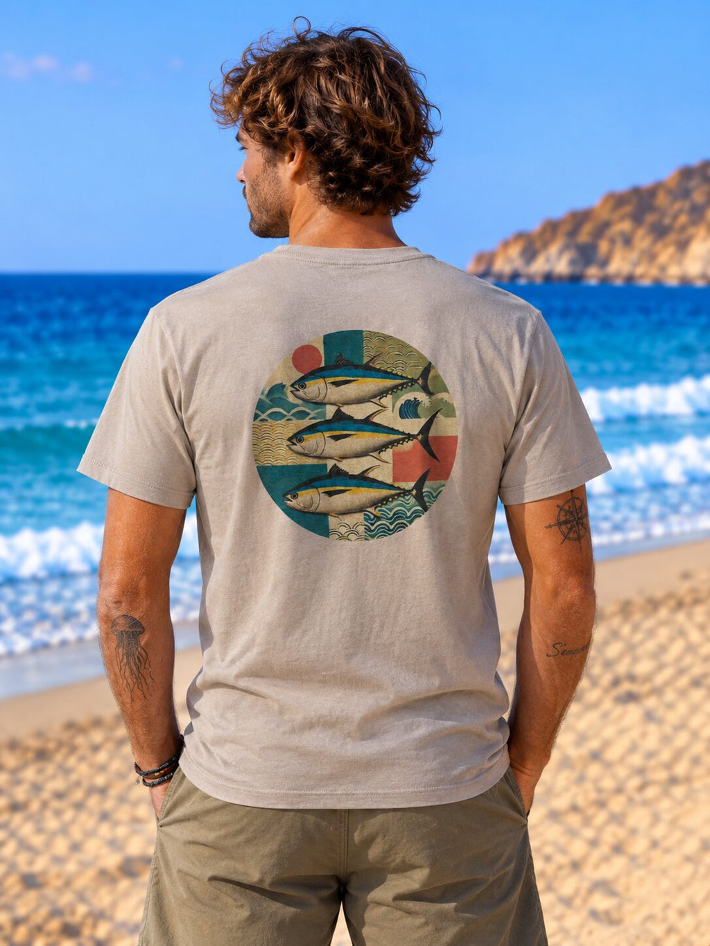 Camiseta ATUNES color Ópalo de algodón orgánico – modelo de espaldas con diseño circular de tres atunes