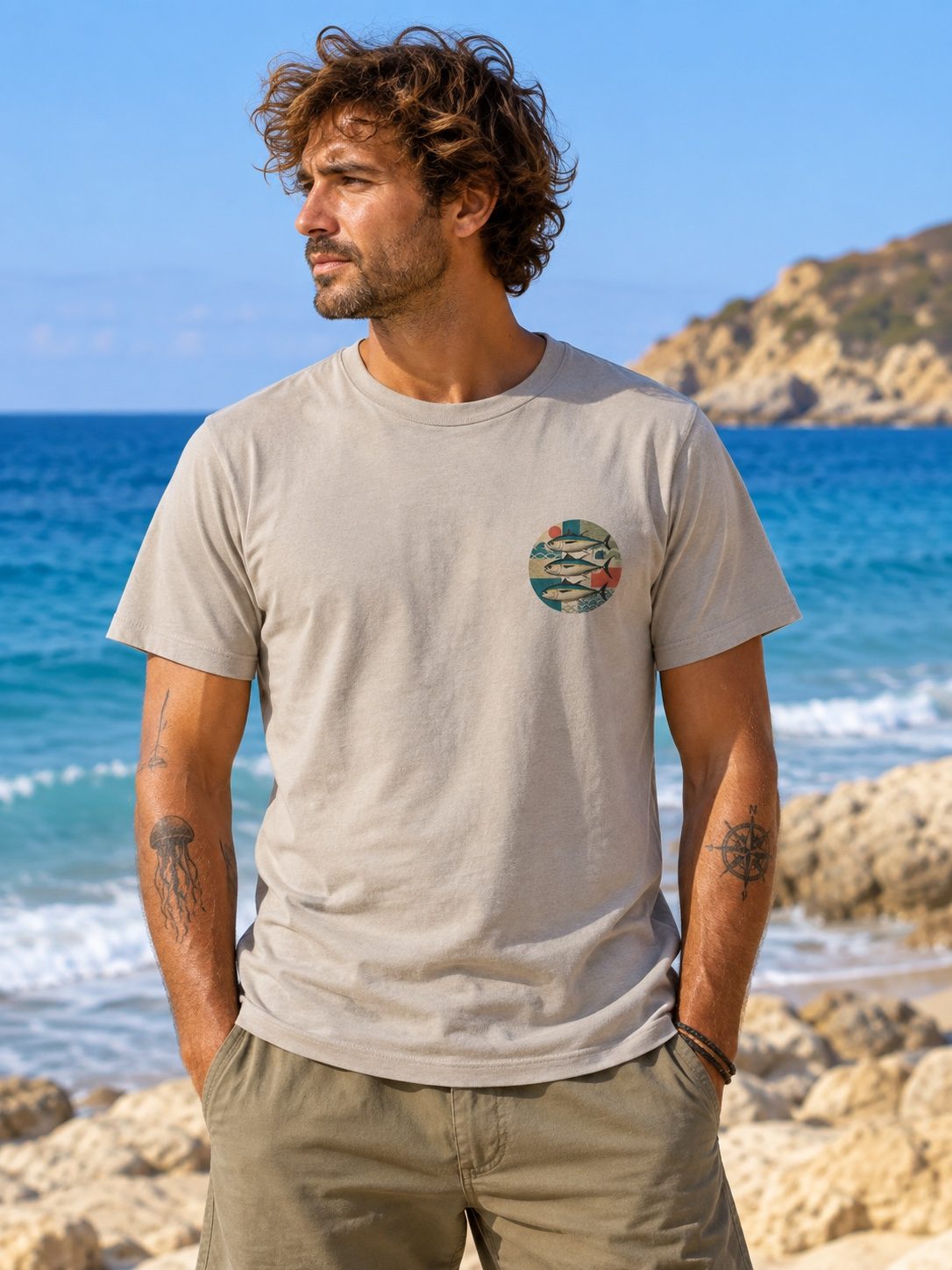 Camiseta ATUNES color Ópalo de algodón orgánico – modelo de frente en playa mediterránea