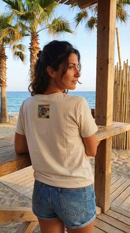 Camiseta SEPIA vintage de algodón orgánico, vista trasera en modelo femenino junto al mar