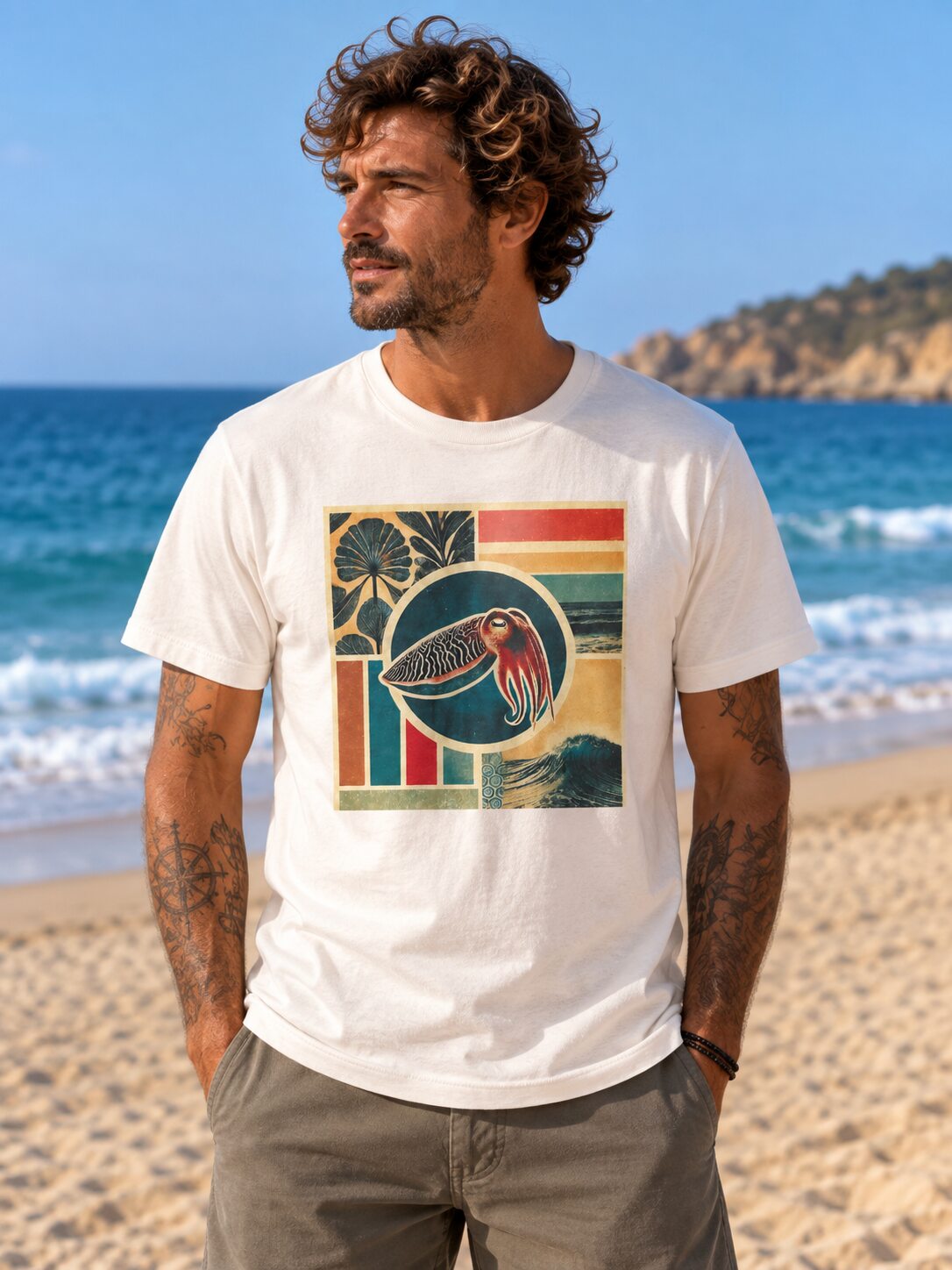 Camiseta SEPIA Vintage de algodón orgánico – modelo hombre en playa mediterránea