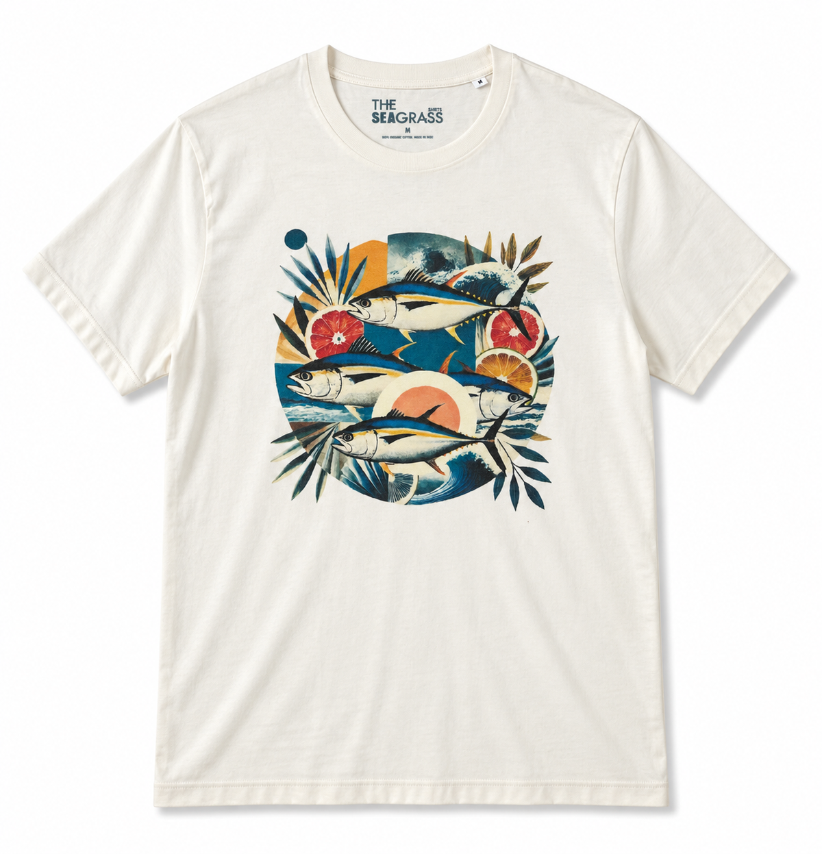 Camiseta TUNA FRUTTI – diseño de atunes frontal – color Sage