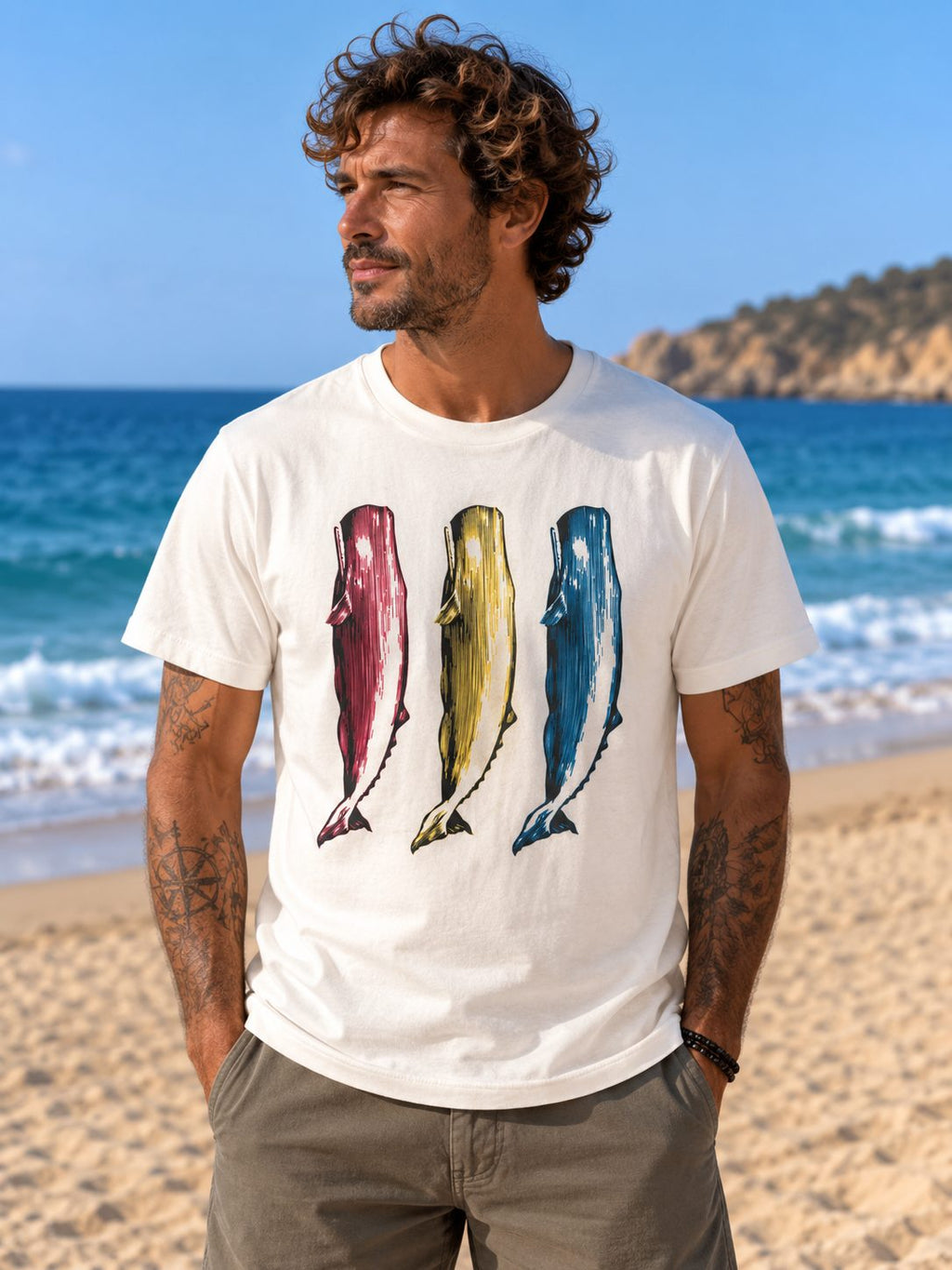 Camiseta WARHOL Vintage de algodón orgánico – modelo hombre en playa mediterránea