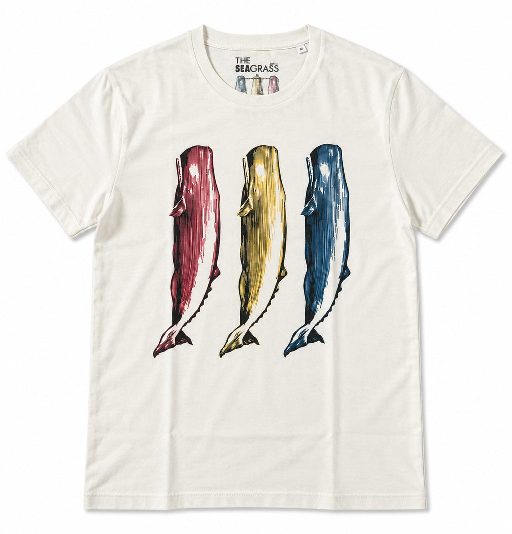 Camiseta WARHOL Vintage de algodón orgánico – tres cachalotes de colores en la parte frontal