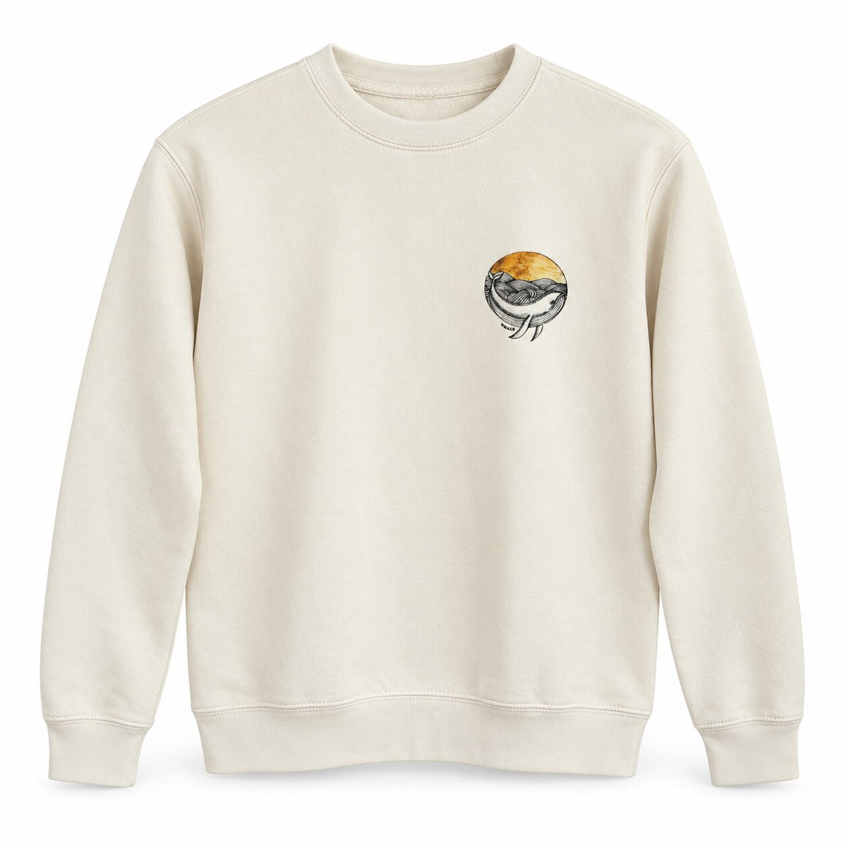 Sudadera Ballena Art Vintage vista frontal con estampado pequeño de ballena