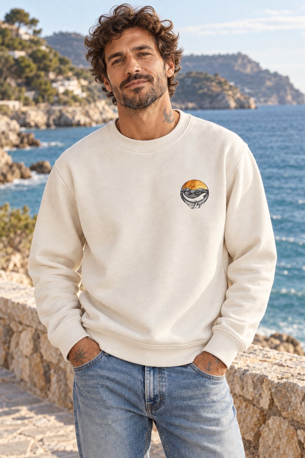 Sudadera Ballena Art Vintage en ambiente mediterráneo