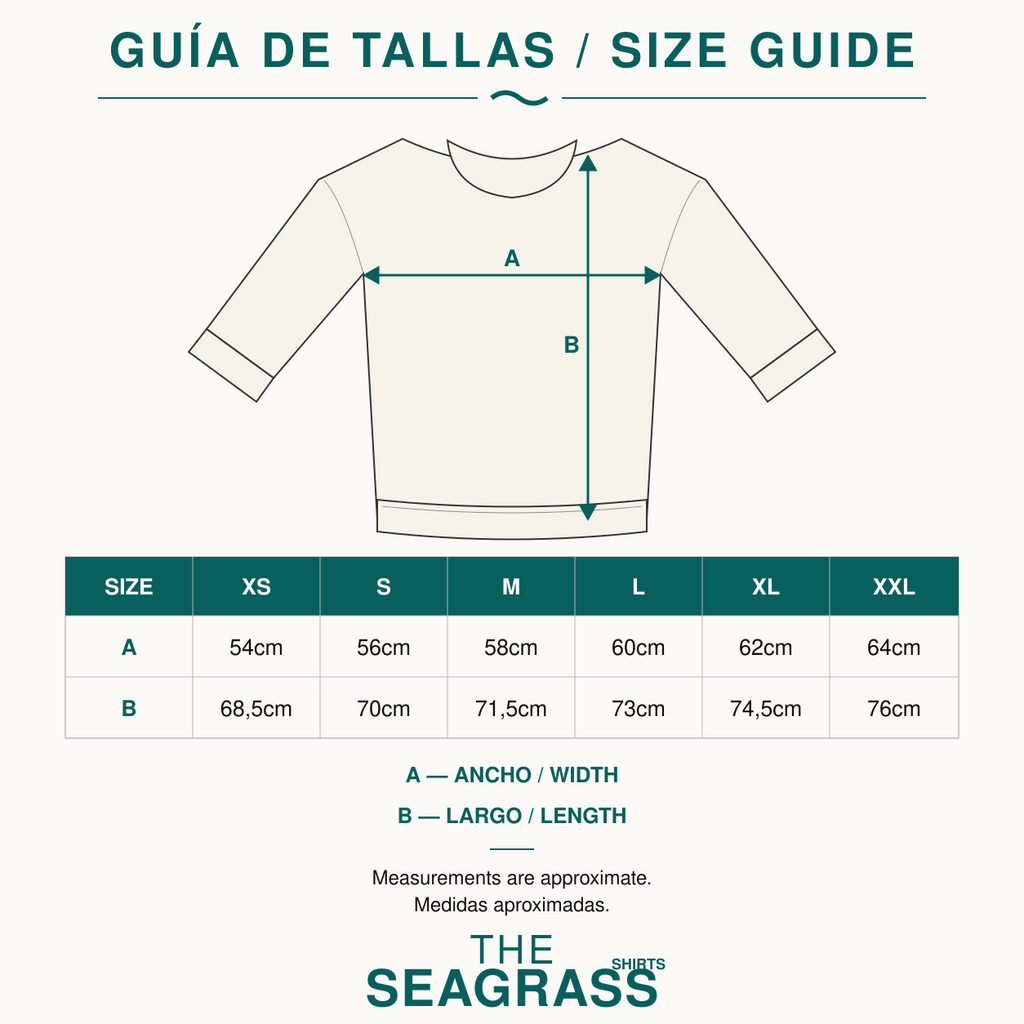 Guía de tallas para sudaderas The Seagrass Shirts, de XS a XXL, con medidas de ancho y largo en centímetros.