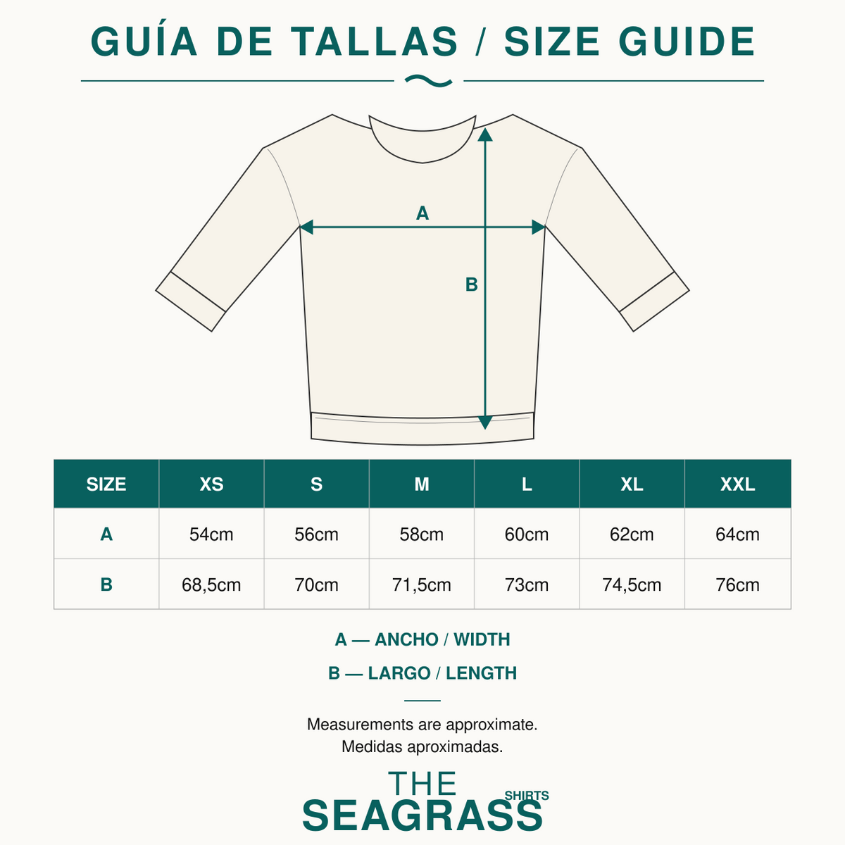 Guía de tallas de las sudaderas The Seagrass Shirts, de XS a XXL