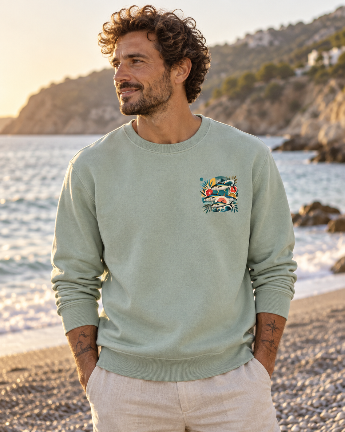 Modelo con sudadera TUNA FRUTTI Sage vista de espalda junto a la costa mediterránea