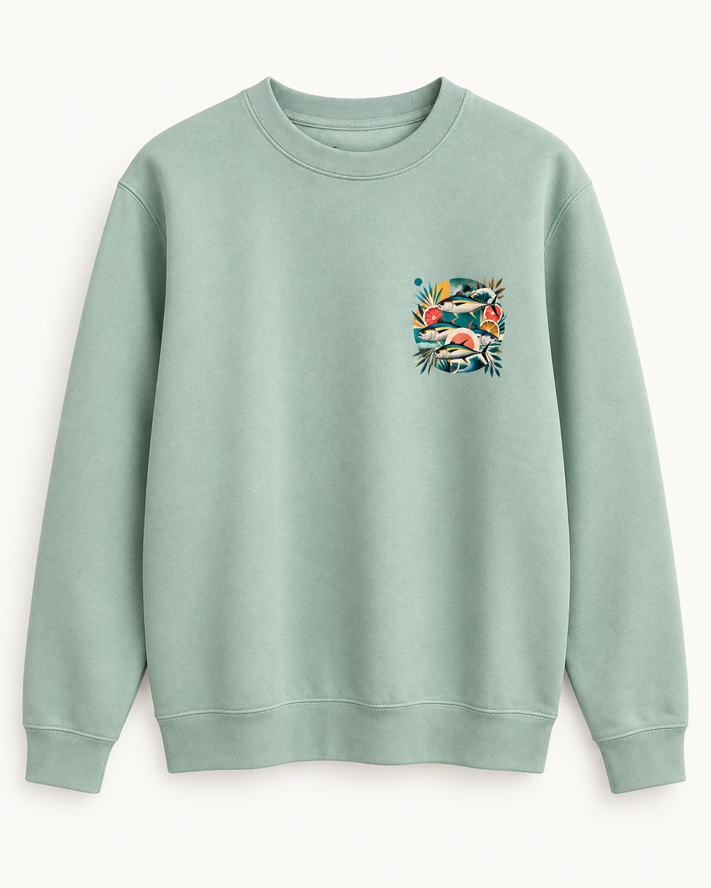 Sudadera TUNA FRUTTI Sage con diseño de tres atunes, vista delantera