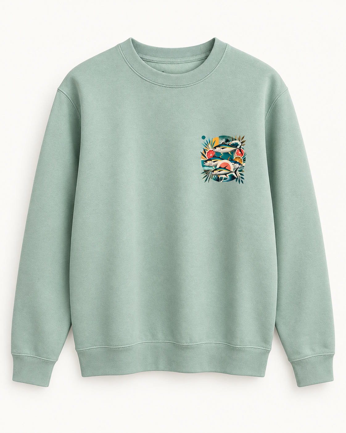 Sudadera TUNA FRUTTI Sage con diseño de tres atunes, vista delantera
