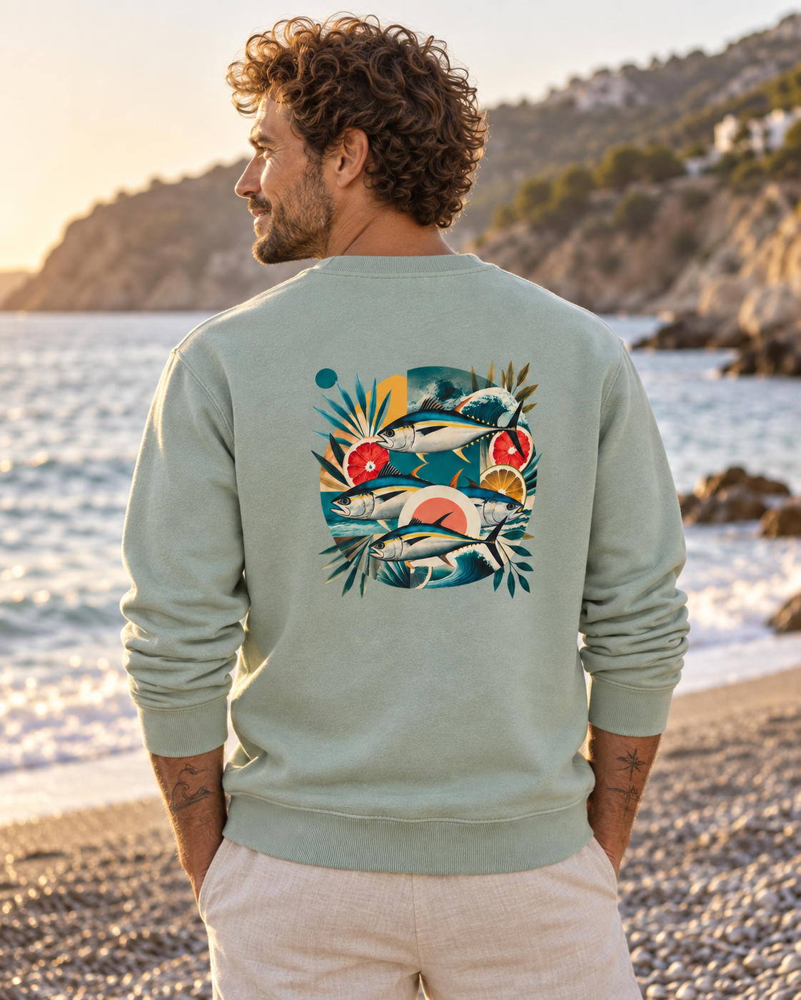 Sudadera TUNA FRUTTI Sage vista trasera con diseño mediterráneo de tres atunes